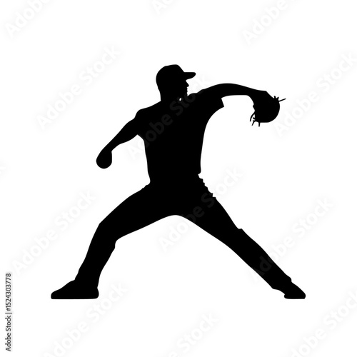 a black silhouette of a baseball player throwing a ball ball, baseball, baseball pitcher, baseball player, black, man, pitcher, silhouette, throw , Generative art.