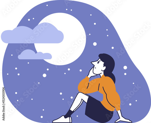 Young woman sitting under starry night sky, dreaming and looking at full moon, peaceful evening solitude