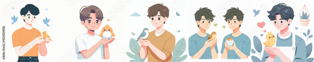 Fototapeta premium young man character vector holding bird