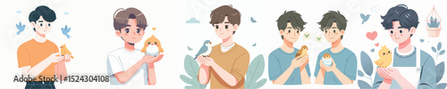 young man character vector holding bird