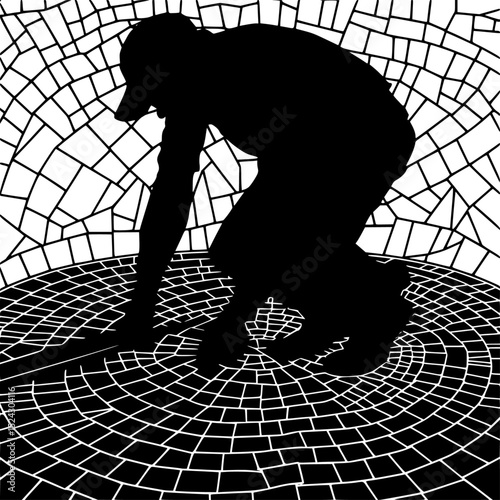 a black and white image of a man squatting black, image, man, person, silhouette, woman , Generative art.