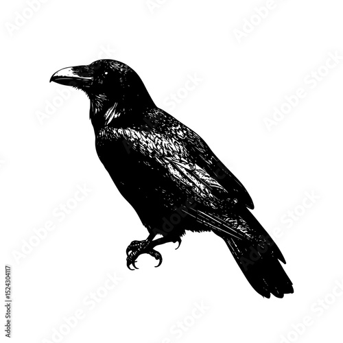 a black and white drawing of a crow standing up bird, black, crow, drawing, raven, silhouette, sit, stand , Generative art.
