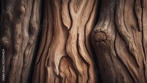 Minimalist illustration showcasing detailed natural textures of wood and tree bark with warm earthy colors, highlighting organic grain patterns and soft shadows for nature-inspired design projects photo