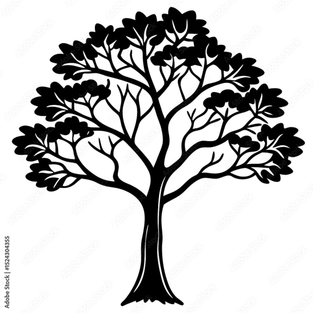 Obraz premium Isolated vector tree silhouette with spring leaves and branches, a perfect symbol of nature's growth and forest life