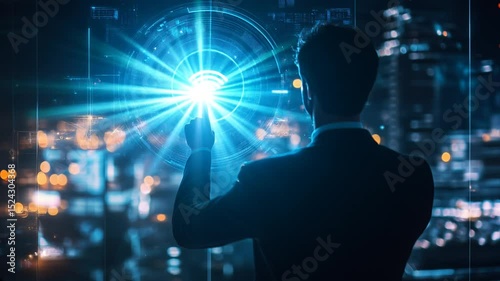 businessman touching futuristic wifi hologram with his hand. camera from backside view. professional blue background
