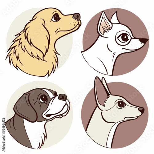 Cute cartoon domestic puppies and dogs, including dachshund and retriever breeds, in a happy vector illustration