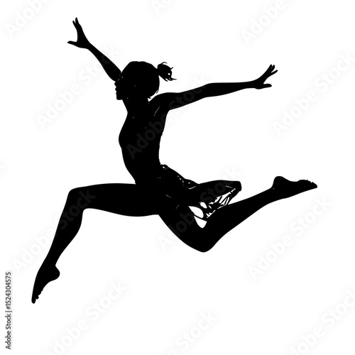 a black silhouette of a young woman jumping in the air black, girl, jump, leg, silhouette, woman, young , Generative art.