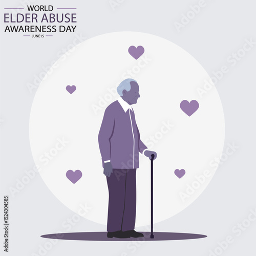 Minimalist silhouette vector of an elderly person with a walking stick, symbolizing dignity and care. Designed for World Elder Abuse Awareness Day, June 15.purple 