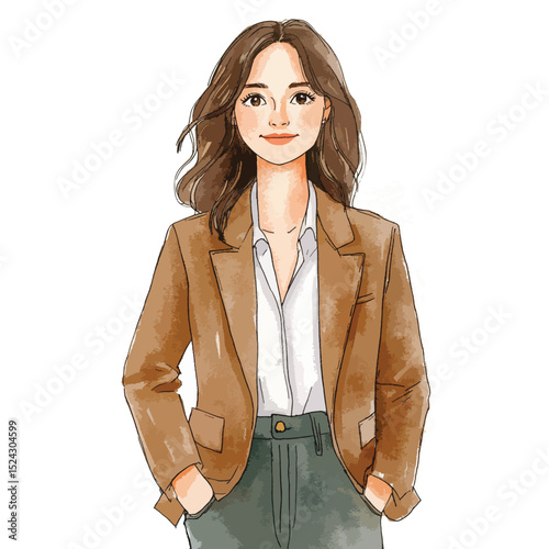 Watercolor Illustration of a Confident Woman in Business Attire Smiling