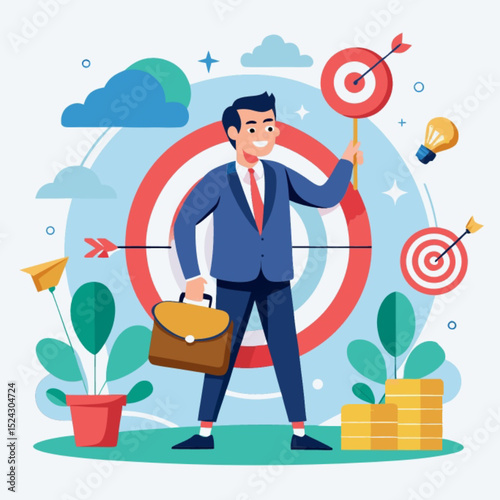Businessman holding money and a money bag in a cartoon illustration representing success