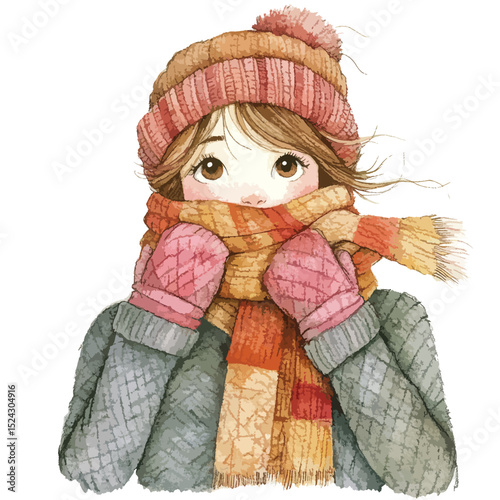Watercolor Illustration of a Cozy Girl Bundled in Winter Warmth Peeking Out