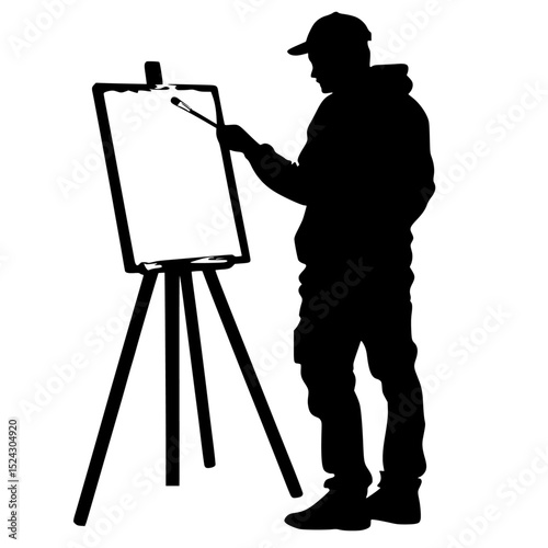 a black silhouette of a man painting a picture on an easel black, canvas, easel, man, paint, person, picture, silhouette, stand, tripod , Generative art.