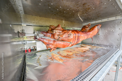 Barbecue with young pig grill Whole roasted piglet body turning on grill. Large barbecue in the process of cooking meat