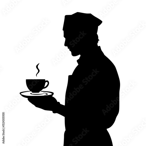 a black silhouette of a man holding a cup of hot tea or coffee black, coffee, coffee cup, cup, drink, hand, hold, hot, man, silhouette, tea , Generative art.