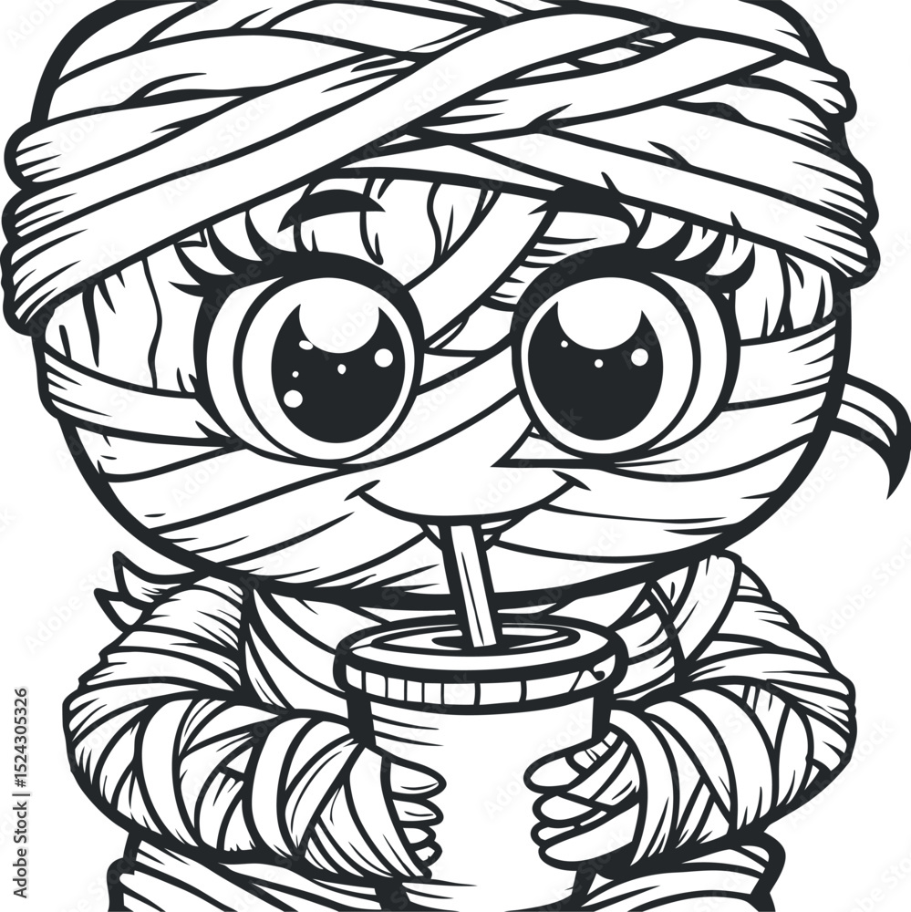 Fototapeta premium Cute Mummy Character Drinking Beverage with Straw Black and White Outline