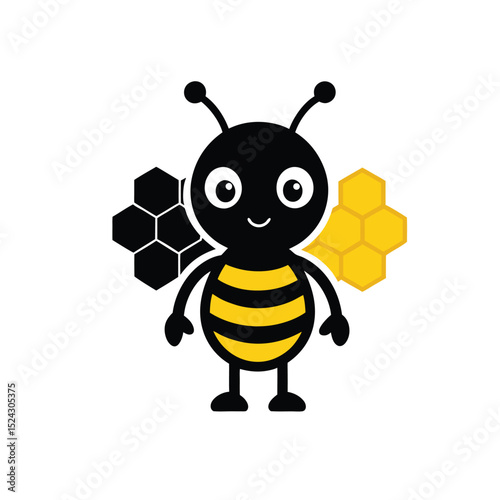 silhouette vector icon of cute Cartoon bee with honeycomb on white background in Adobe Illustrator Artwork