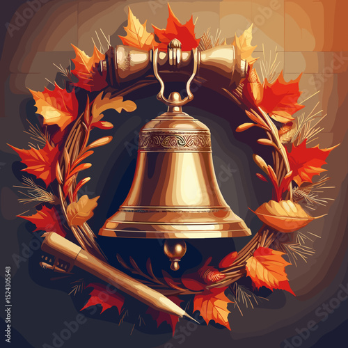 Bell surrounded by autumn leaves and branches, educational theme, back-to-school illustration, copy space