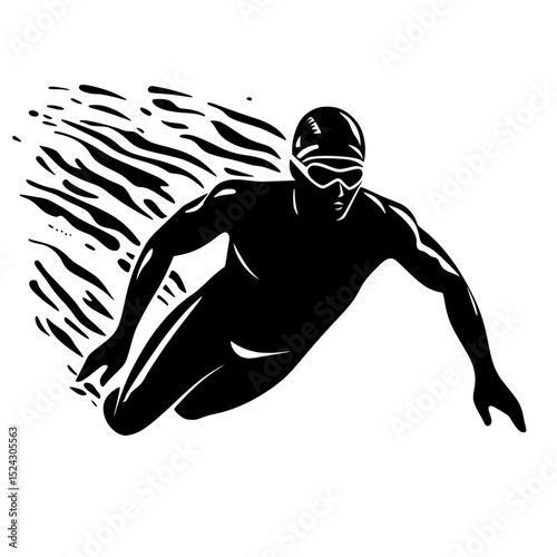a black silhouette of a swimmer on a transparent background black, illustration, man, silhouette, swimmer, wave , Generative art.