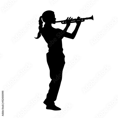a black silhouette of a woman playing the flute black, flute, girl, man, play, silhouette, woman , Generative art.