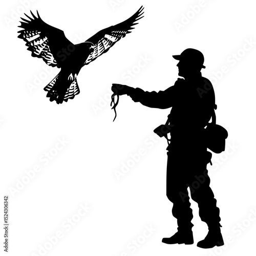 a black and white silhouette of a man holding a falcon in his hand and the bird flying in the air bird, black, falcon, fly, hand, hold, man, person, silhouette, soldier, wing , Generative art.