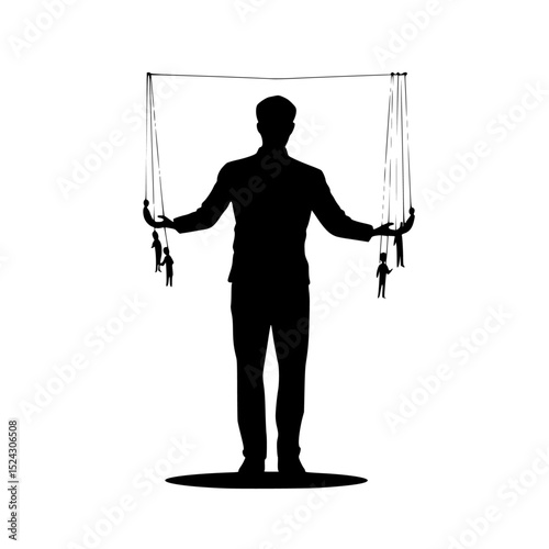 a silhouette of a man holding strings in his hands black, hand, hold, man, silhouette, stand, string , Generative art.