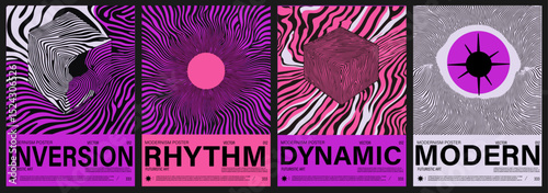Set of four futuristic posters featuring wavy op-art patterns in black, white, pink, and purple. The modernism style merges op-art and bold color trends, popular in digital and graphic design today.