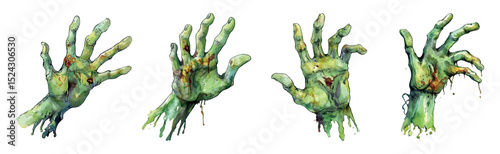 Set of zombie hands png. Watercolor rotten zombie hands with bones and wounds showing through. Zombie hands from graves. Halloween elements. Zombie parts. Vector illustration.