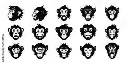 Chimpanzee Face Silhouettes – Angry, Smiling, and Roaring Monkey Vector Illustrations