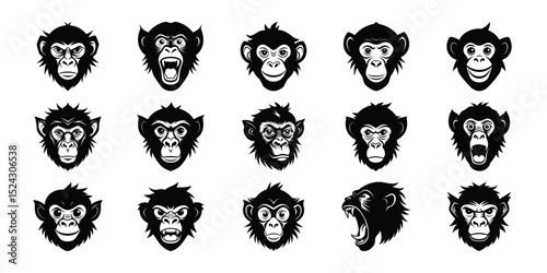 Monkey Head Silhouettes Set – Vector Icons of Chimpanzee Faces in Black and White