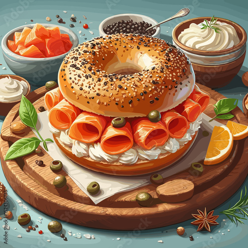 Savory bagel with smoked salmon, cream cheese, and olives on a wooden board, gourmet presentation, culinary illustration, copy space