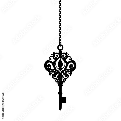 a black silhouette of an old key on a transparent background black, chain, key, old, silhouette , Generative art.