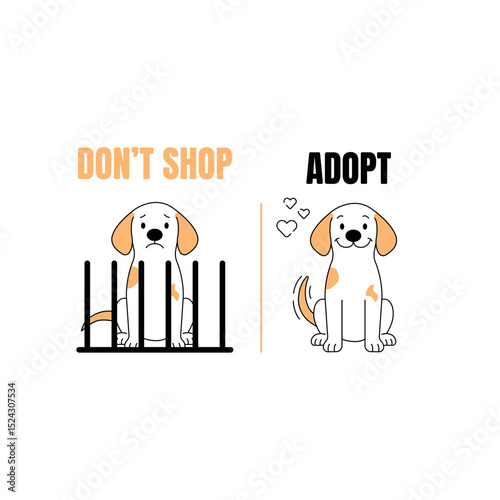 Sad shelter dog and happy adopted dog – “Don’t Shop, Adopt” flat vector pet adoption illustration. a dog before and after adoption