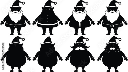 Santa Claus character silhouette collection with different poses beards and hats perfect for Christmas decoration and festive icons