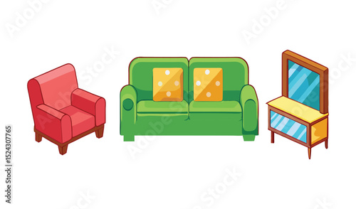 Red sofa furniture in a comfortable living room interior design