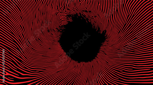 Vector illustration in modern op art style with a black circle, radiating red wavy lines on a dark background. Uses bold geometric shapes, trending in digital and graphic design.