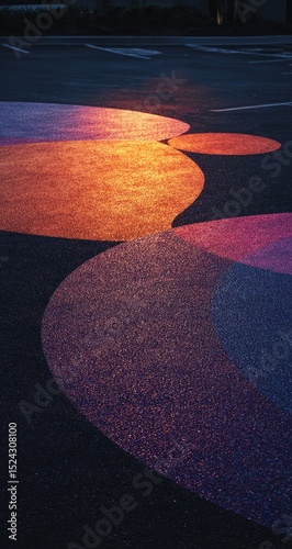 Colorful abstract shapes on dark asphalt at night