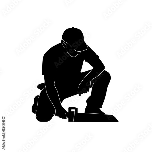 a black silhouette of a man sitting on the ground black, man, person, silhouette, sit, sit on , Generative art.