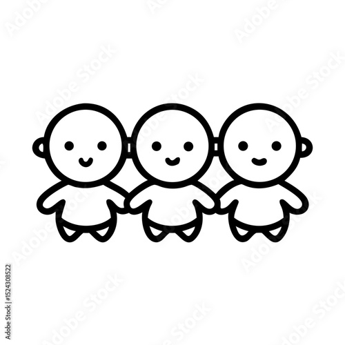 Cute identical triplets standing together in a simple style, icon, vector  