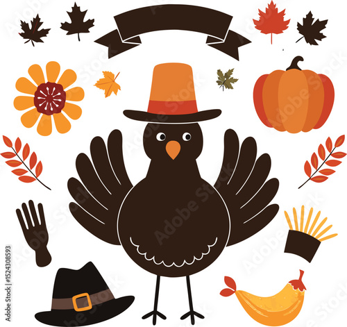 Thanksgiving cartoon turkey with hat and autumn decor elements perfect for fall greeting cards banners and festive vector design
