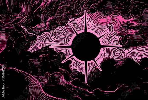 Vector illustration features a black sun with pink rays and swirling lines in a modern neo-psychedelic, line-art style. Dominated by pink and black, it uses bold lines and abstract shapes.