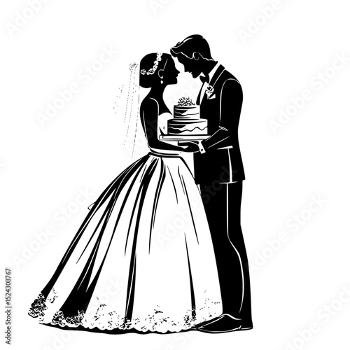 black and white silhouette of a bride and groom holding a wedding cake black, bride, cake, couple, groom, hold, kiss, silhouette, wedding cake , Generative art.