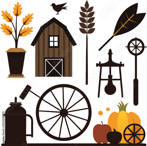 Thanksgiving farm collection with barn pumpkins leaves and fall harvest icons for seasonal cards invitation and rustic design