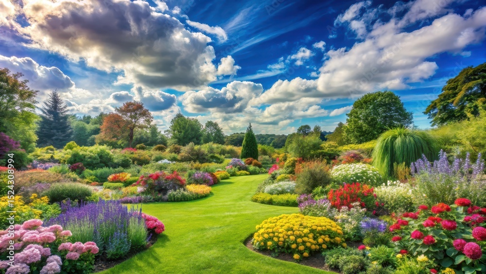 Obraz premium A serene landscape of a lush garden with vibrant flowers and greenery in full bloom amidst a clear blue sky with fluffy white clouds , outdoor garden, nature scenery