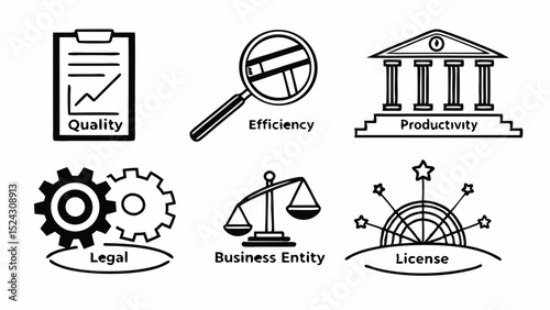 Essential Business Icons Quality, Efficiency, Productivity, Legal, Entity, License