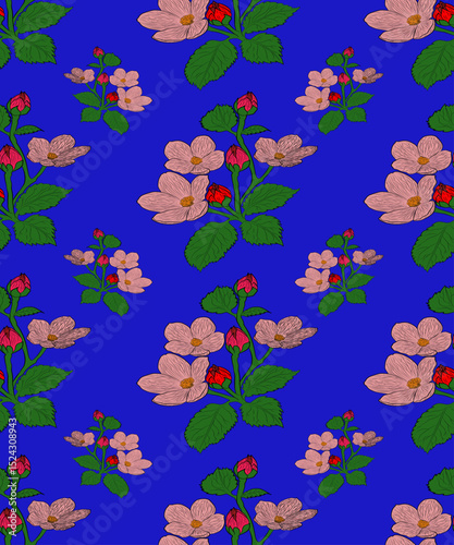Seamless floral vector pattern featuring hand-drawn pink flowers with green leaves and red buds on a vivid blue background. This elegant and colorful botanical design is pe