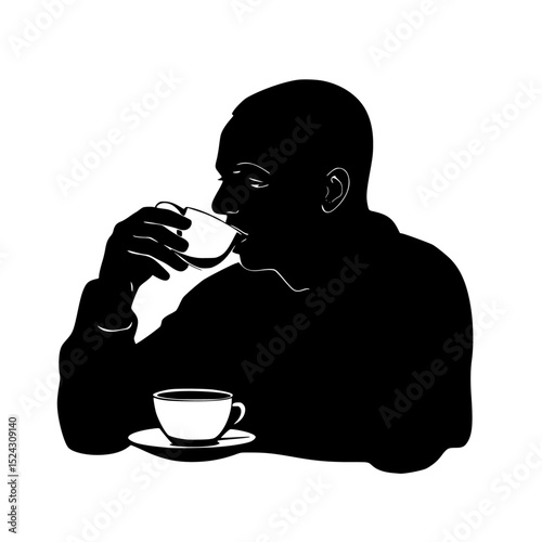 a black and white silhouette of a man drinking a cup of hot tea or coffee black, coffee, cup, drink, eat, glass, hot, man, mouth, silhouette, sit, tea , Generative art.