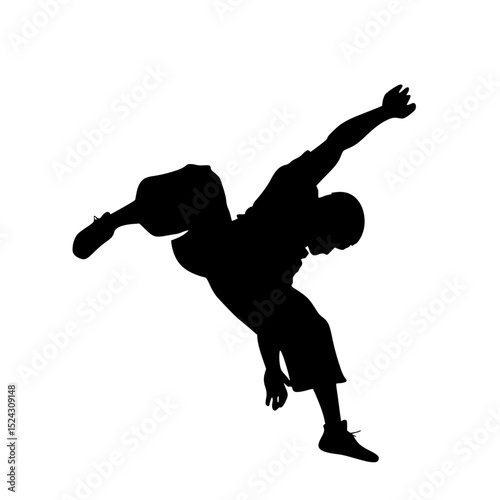 a black silhouette of a man jumping in the air to catch a ball ball, black, jump, man, people, play, silhouette , Generative art.