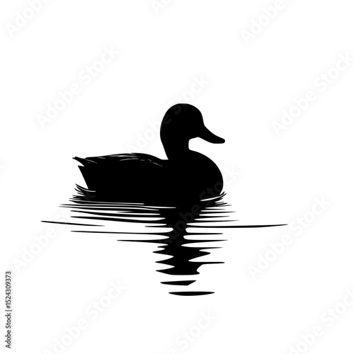 the silhouette of a duck swimming in a pond with his reflection black, duck, float, pond, reflection, silhouette, swim, water , Generative art.