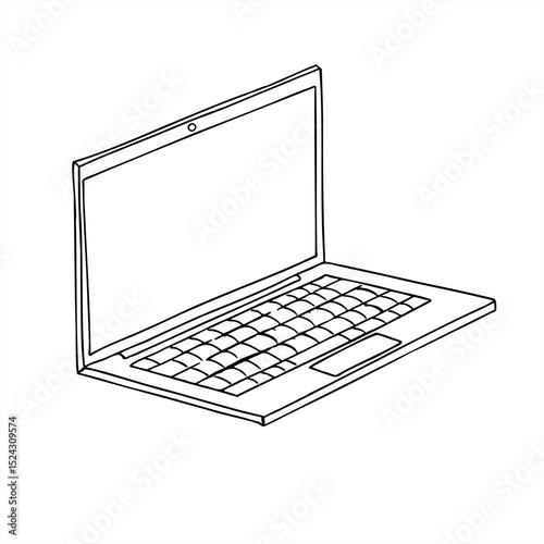 Stylized isometric vector illustration of open laptop painted by black inks. Simple line art of monochrome notebook for technology concepts, remote work visuals, and digital presentations.