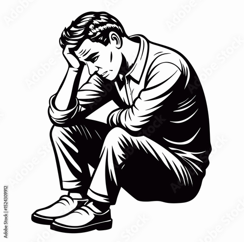 Sad Man Sitting, Depressed, Worried, Black and White Illustration